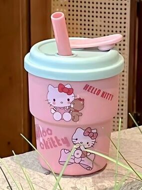 Sanrio Hello Kitty Water Cup - Cute 3D Stickers Straw Cup Portable Coffee Milk